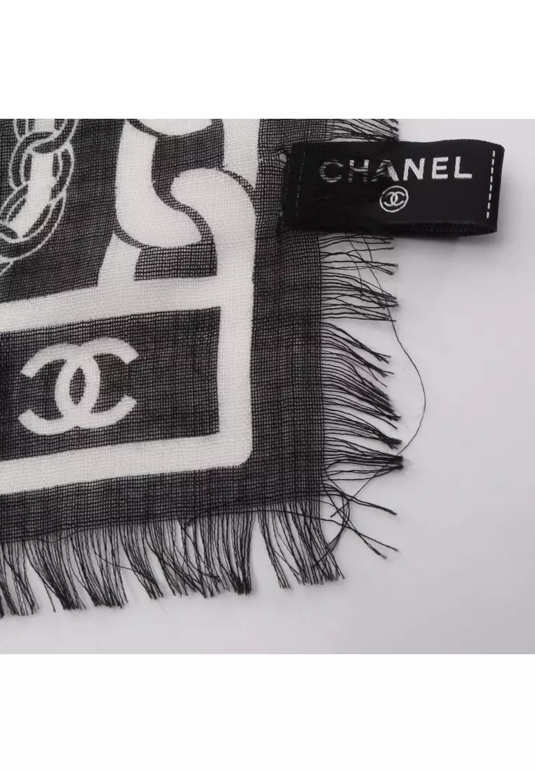 Pre-Loved Chanel coco mark shawl cashmere silk black white