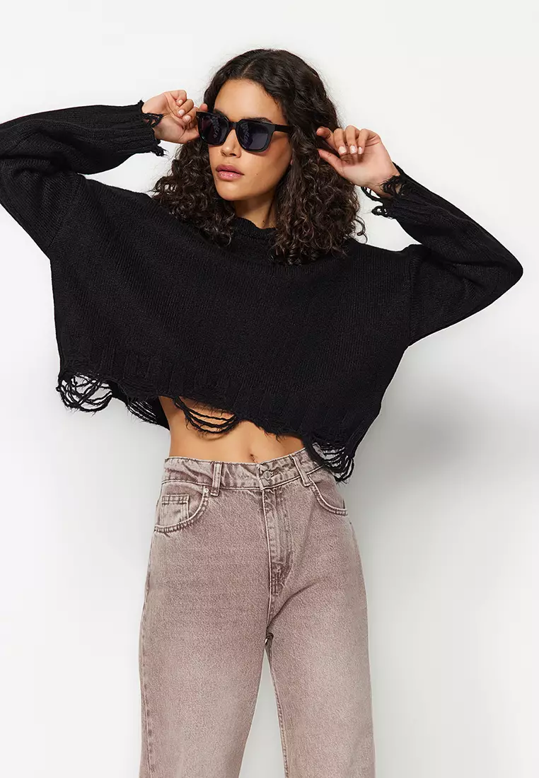 Black Crop Wide Pattern Soft Textured Flowing Detailed Knitwear Sweater Twoaw24Kz00319