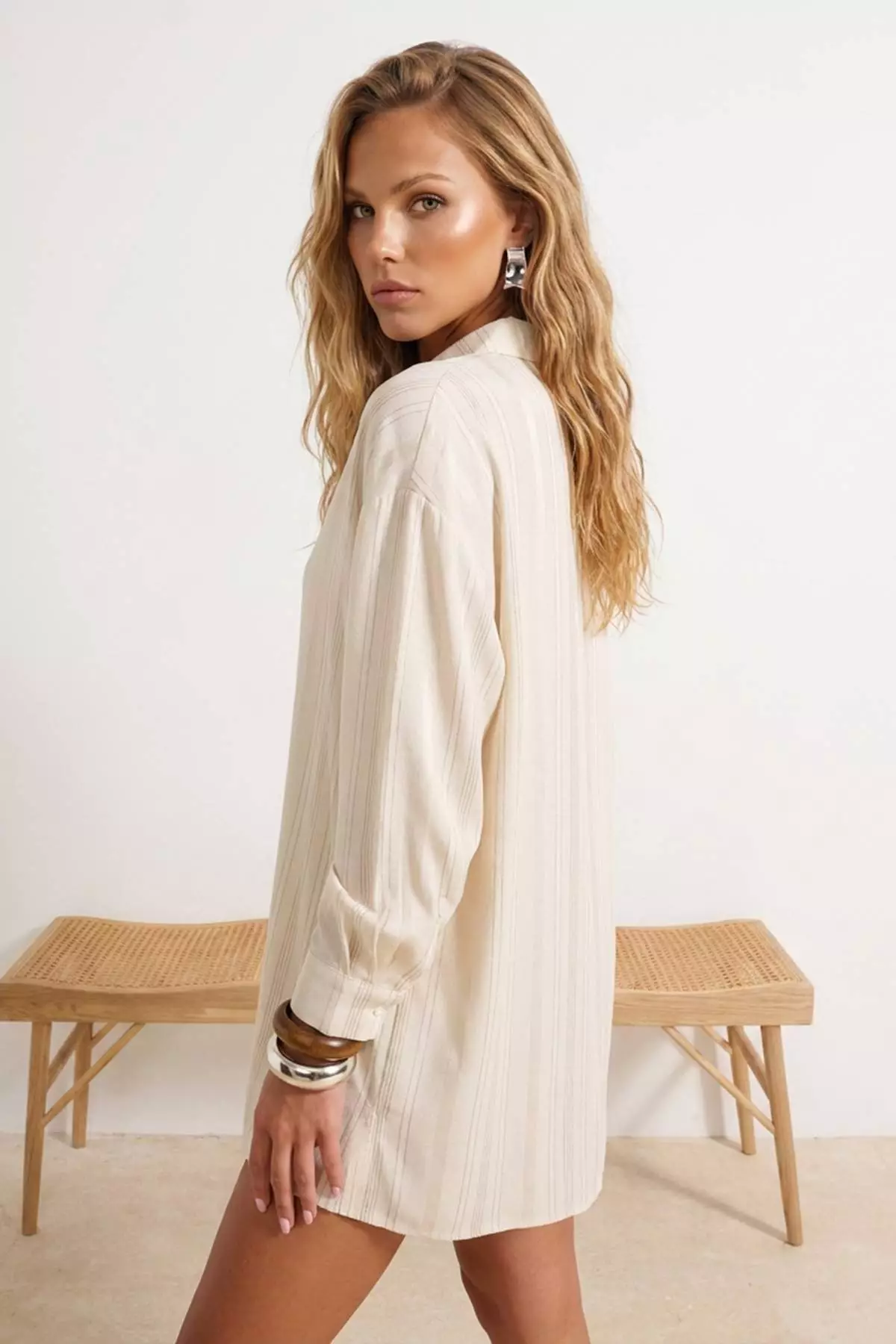 Ecru Woven Glitter Oversized Beach Shirt Tbess26Go5