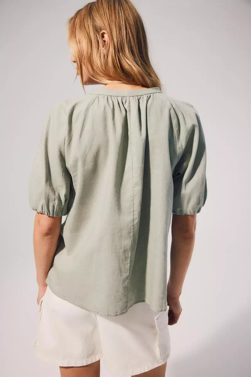 Linen-blend tie-neck blouse