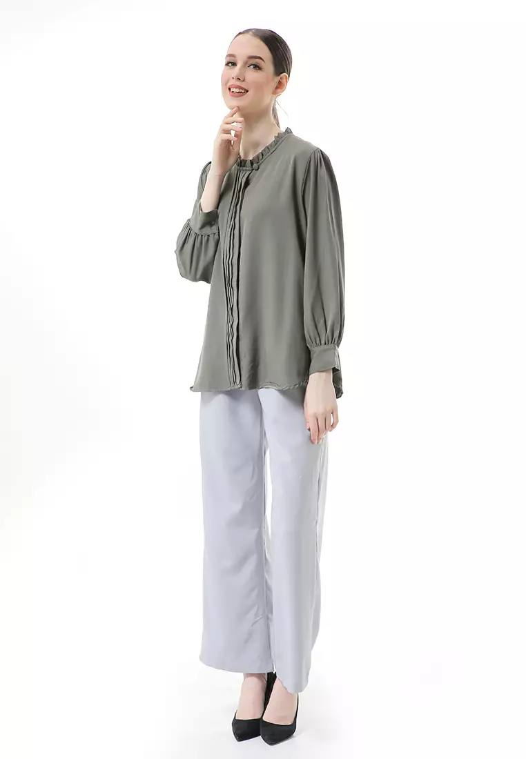 Vionka Kemeja Atasan Wanita Opnaisel Motif Polos - Dark Gray