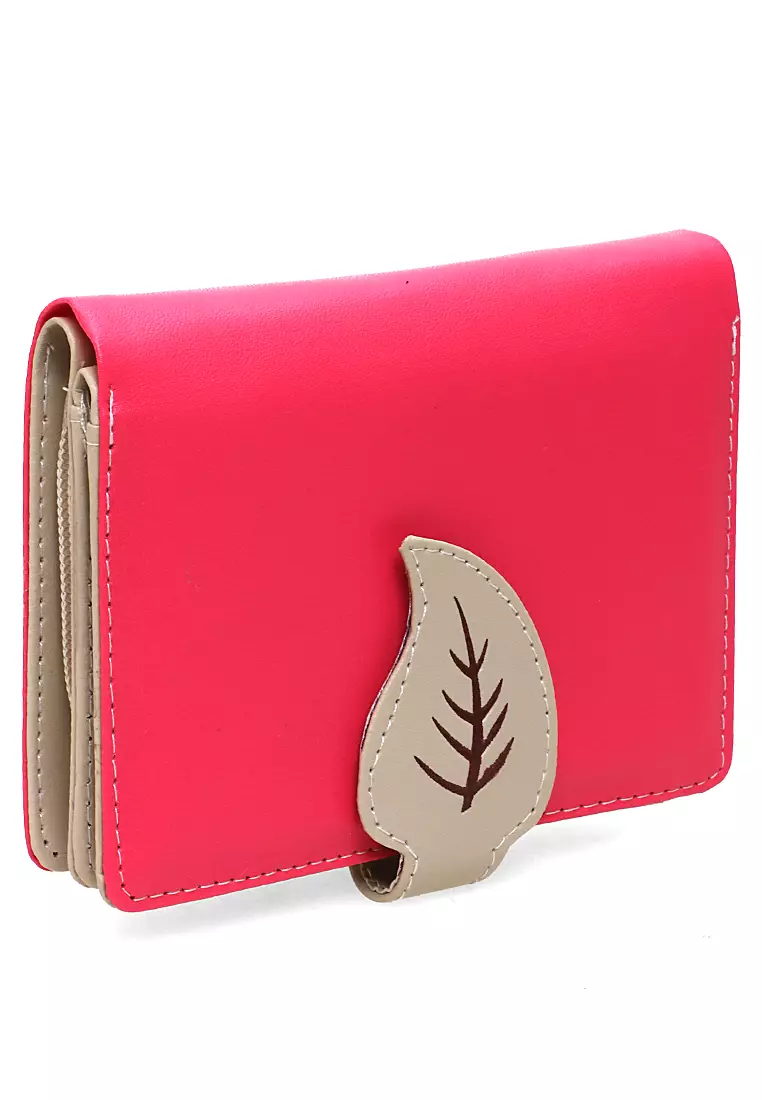 Fecesa Dompet Pendek Lipat Wanita Model Leaf Wallet Casual Many Slot Material Kulit Leather ORIGINAL - Pink
