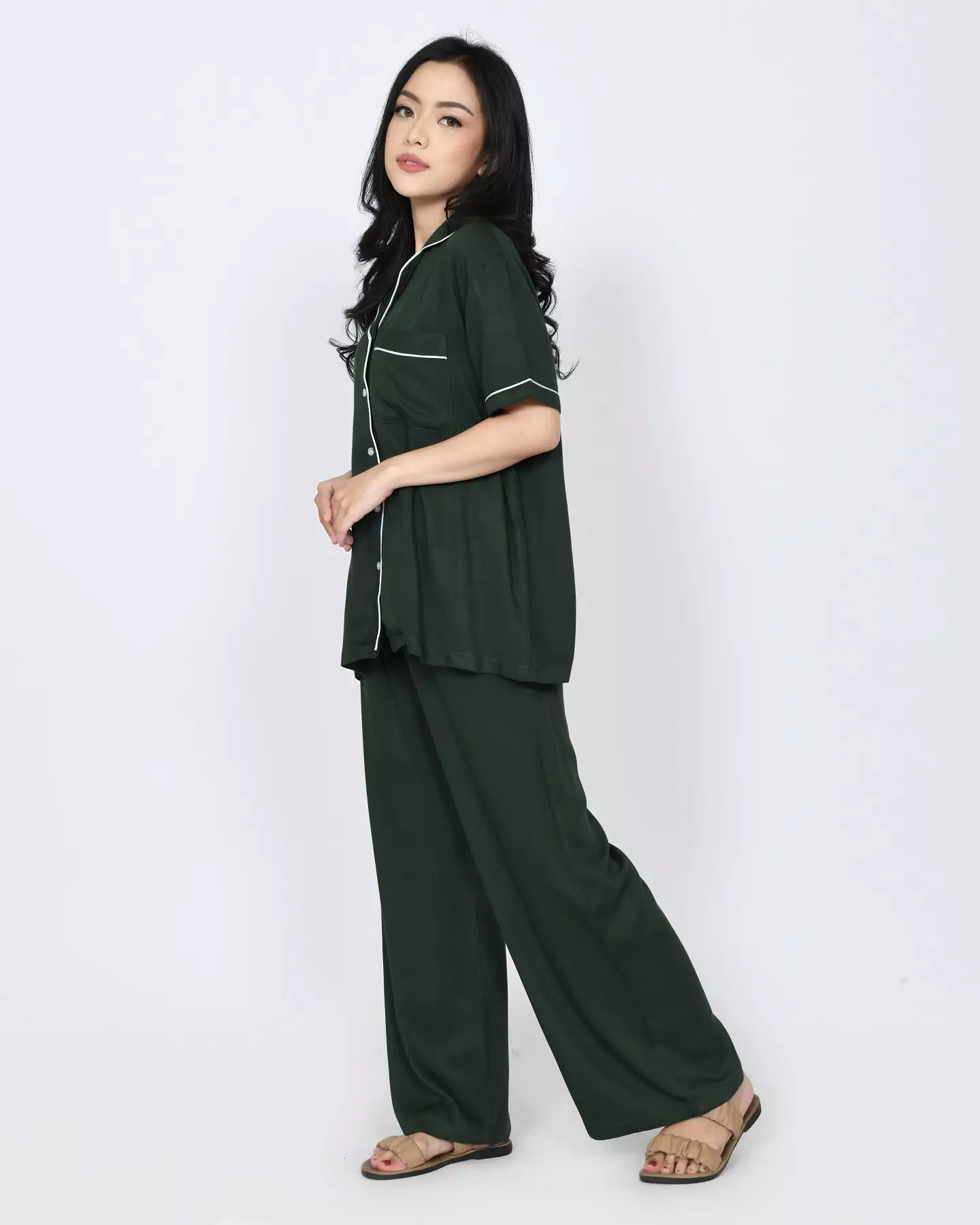 Cotton Oversized Rae HIJAU Set Piyama Celana Panjang Polos FREE SLIP ON