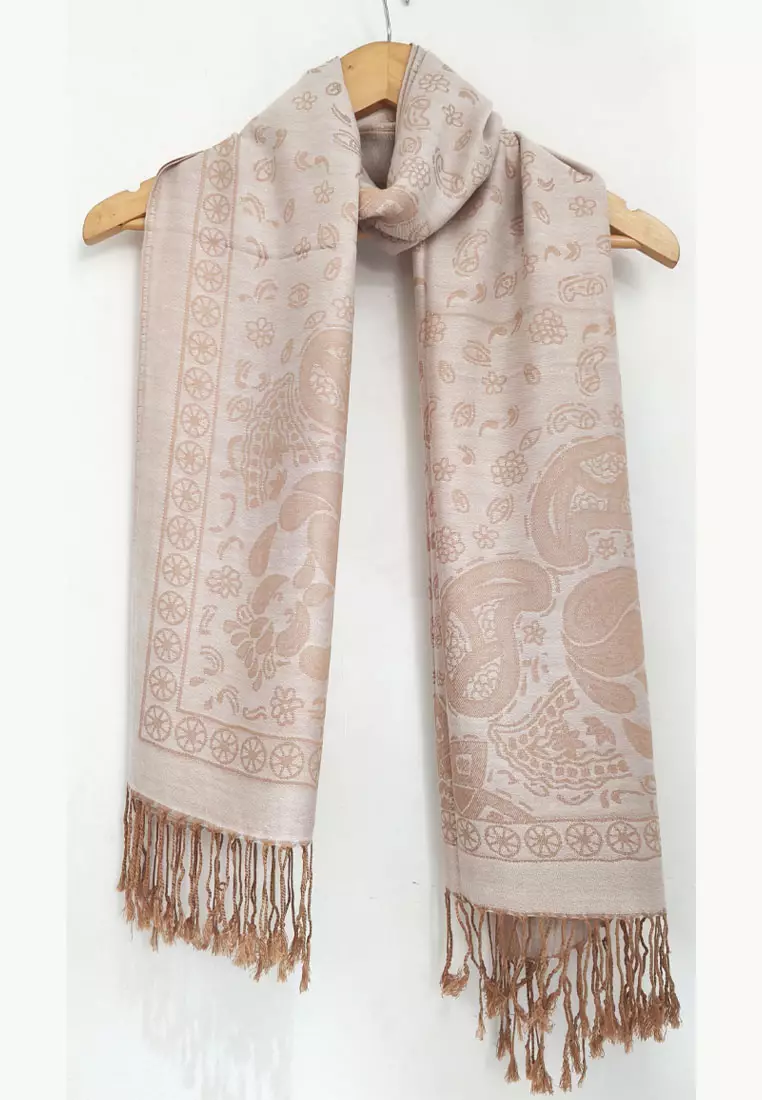 Reversible Viscose Paisley Pattern Skull Pashmina Shawl Syal Wanita Gold