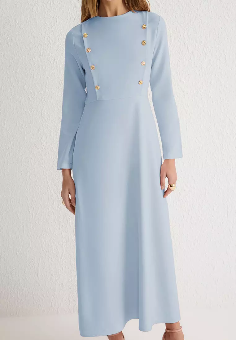 Light Blue Floral Buttoned Woven Dress TCTSS25EB00032