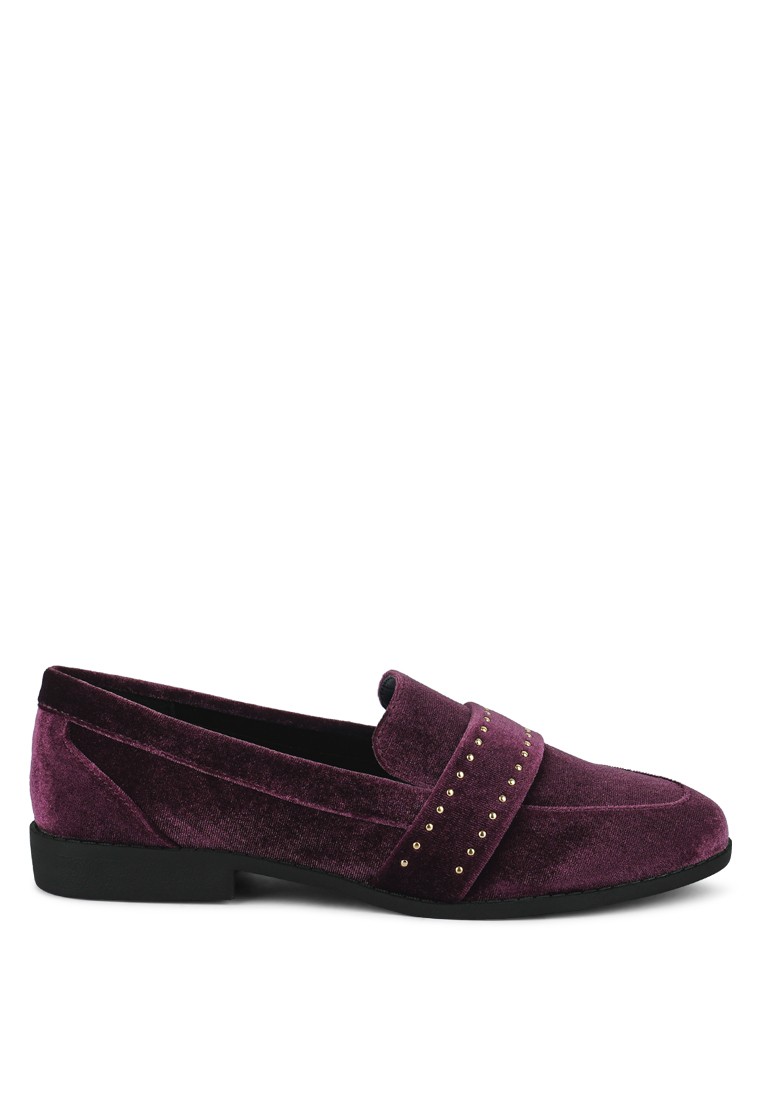 Burgundy Stud Detail Velvet Loafers