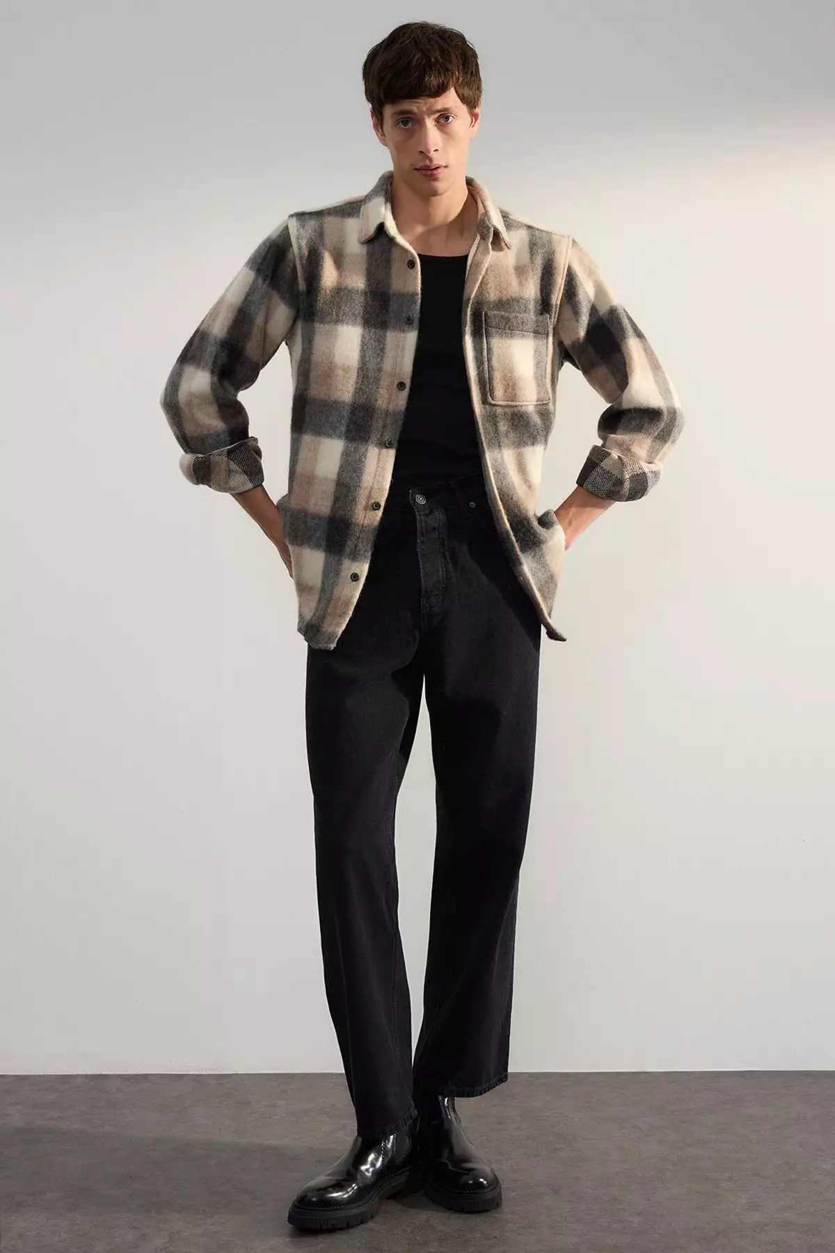 Beige Unisex Regular Fit Winter Plaid Lumberjack Shirt Jacket TMNAW25GO00026