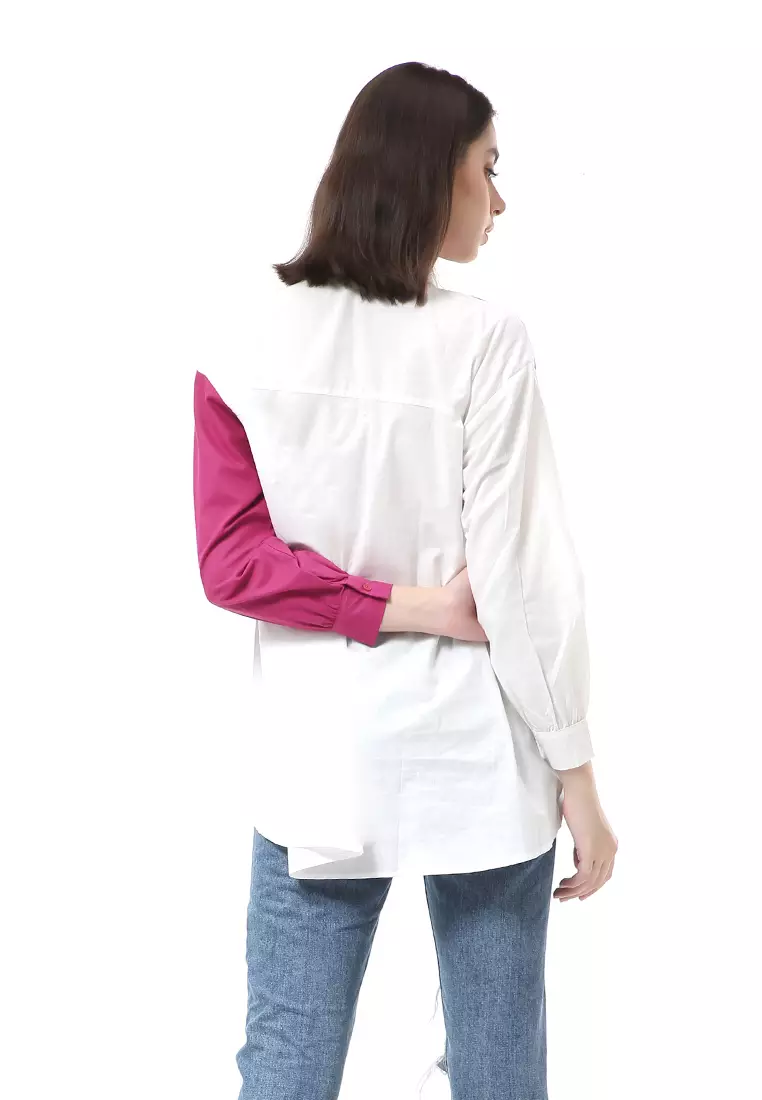 Brielle Atasan Wanita Kemeja Lengan Panjang Model Dua Warna Shirt Two Tone Material Cotton ORIGINAL - Fuschia White