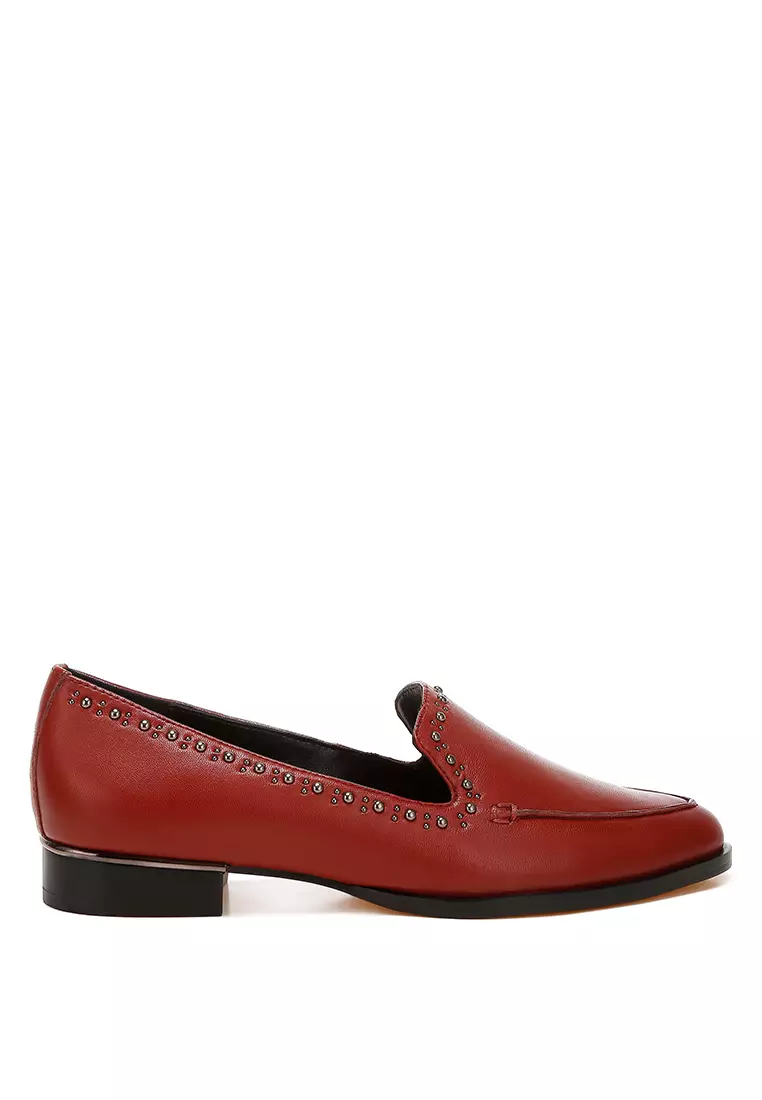 Discount on Rag & CO.  shoes - SKU: Studs Embellished Leather Loafers in Burgundy