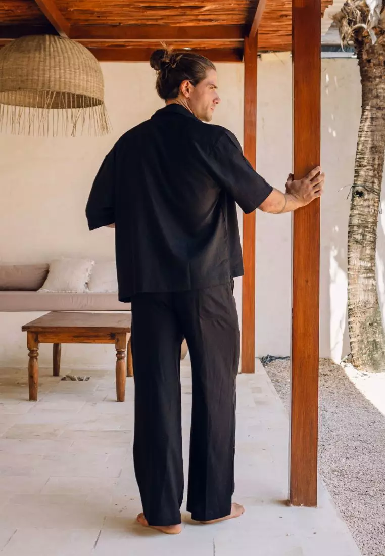Black Boxy Set Kemeja Celana Linen Pria Hitam | Linen Set Men Black