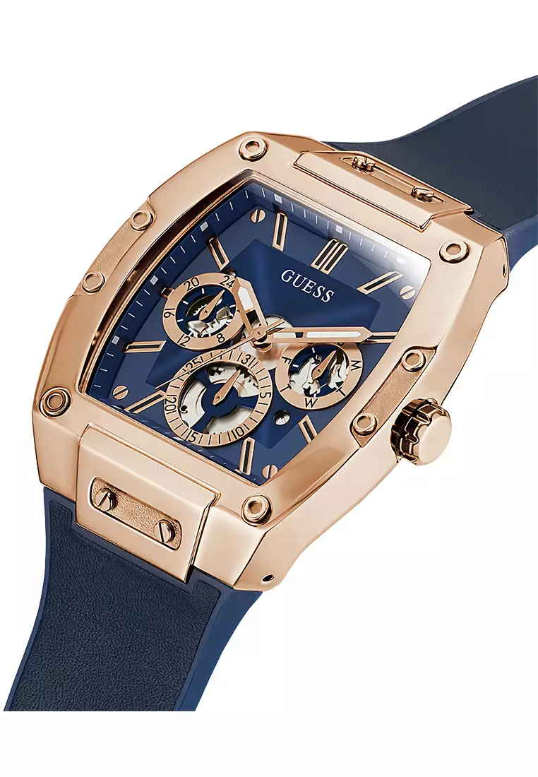 Guess GW0202G4 - Jam Tangan Pria - Rosegold Tone Case - Blue Leather Silicone Strap