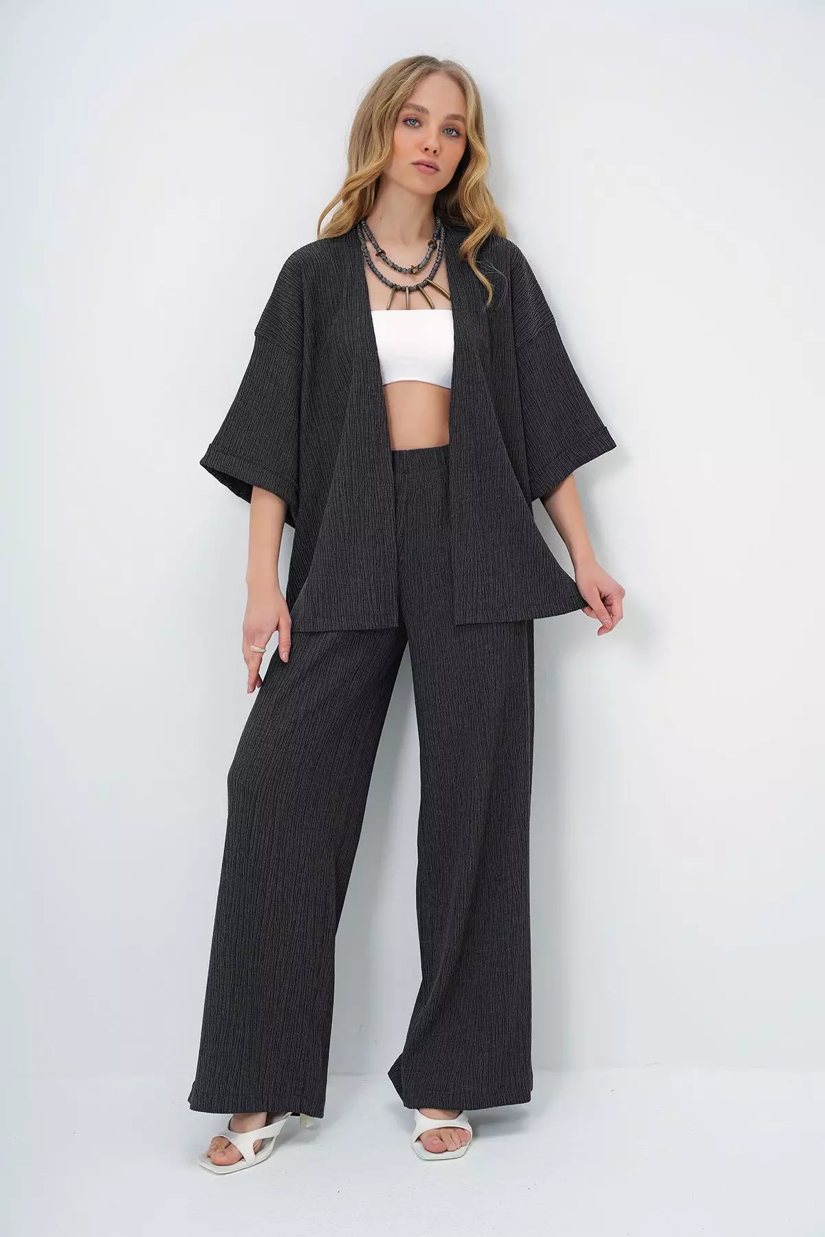 Women's Anthracite Double Sleeve Wrap Fabric Summer Kimono And Trouser Set