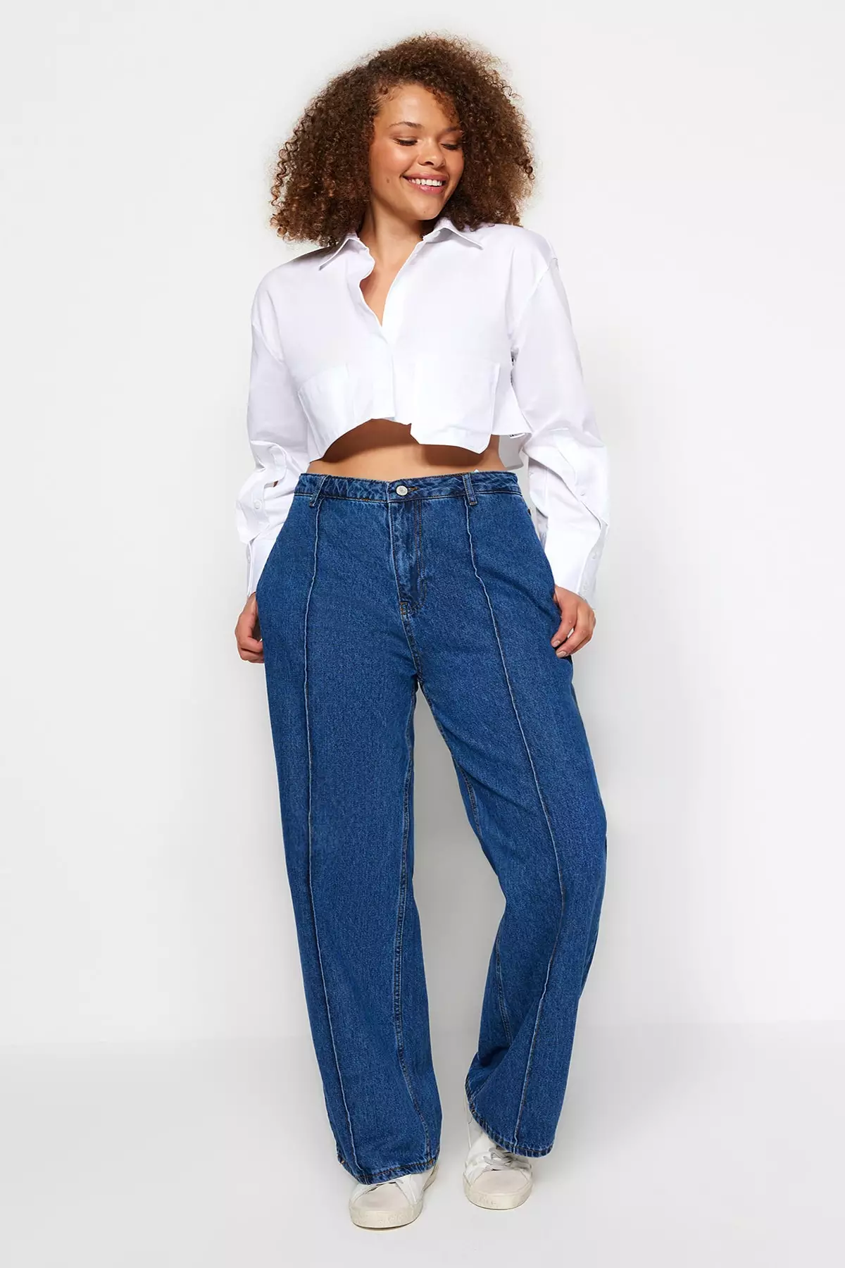 Buy Trendyol Plus Size Blue Wide Leg Jeans with Elastic Waist Online