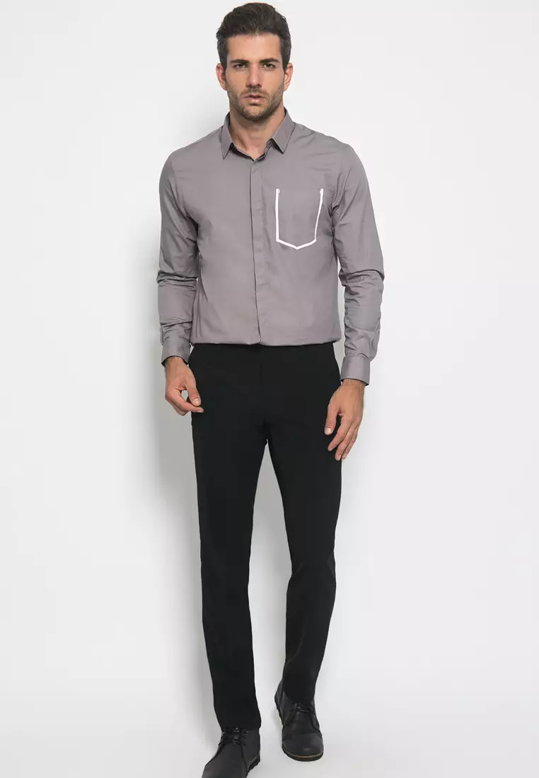 Johnwin - Slim Fit - Kemeja Casual Active - Polos - Abu Muda