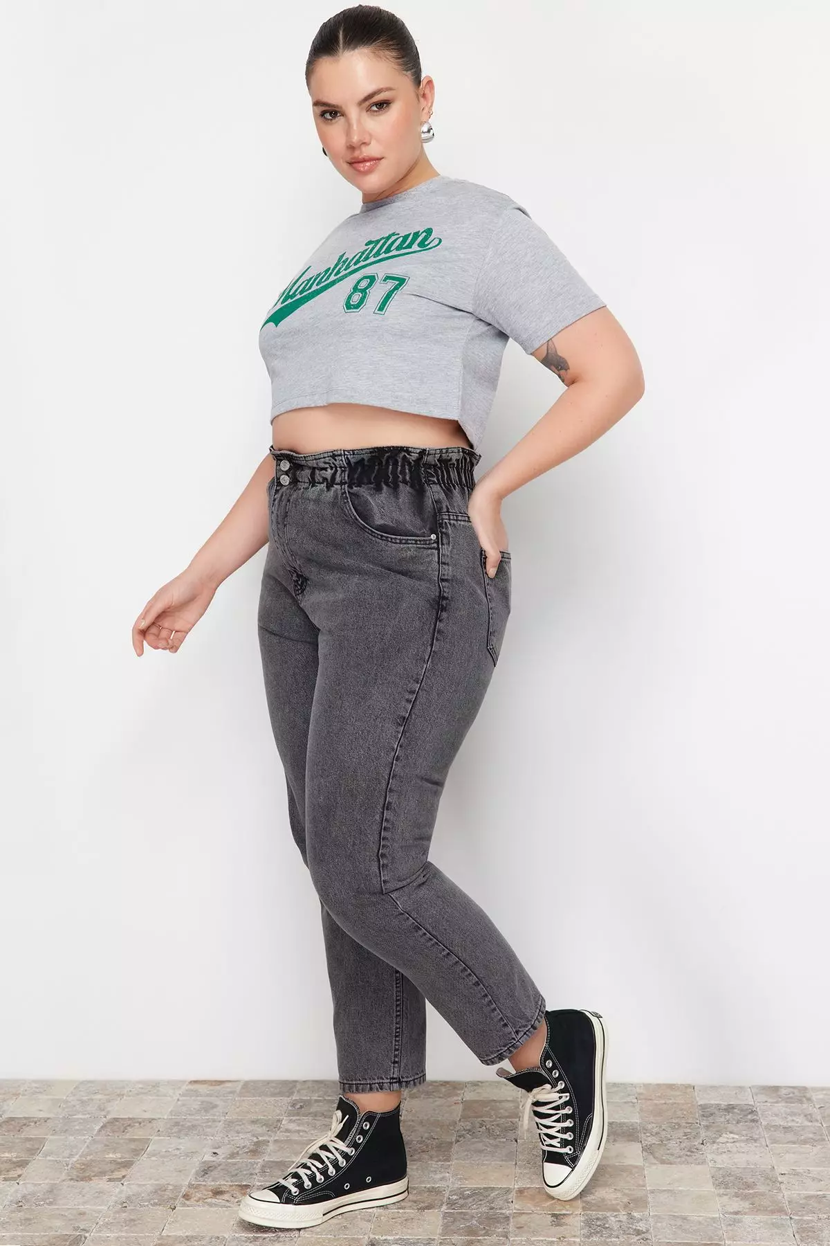 Gray High Waist Elastic Waist Mom Jeans TBBAW23JE00002