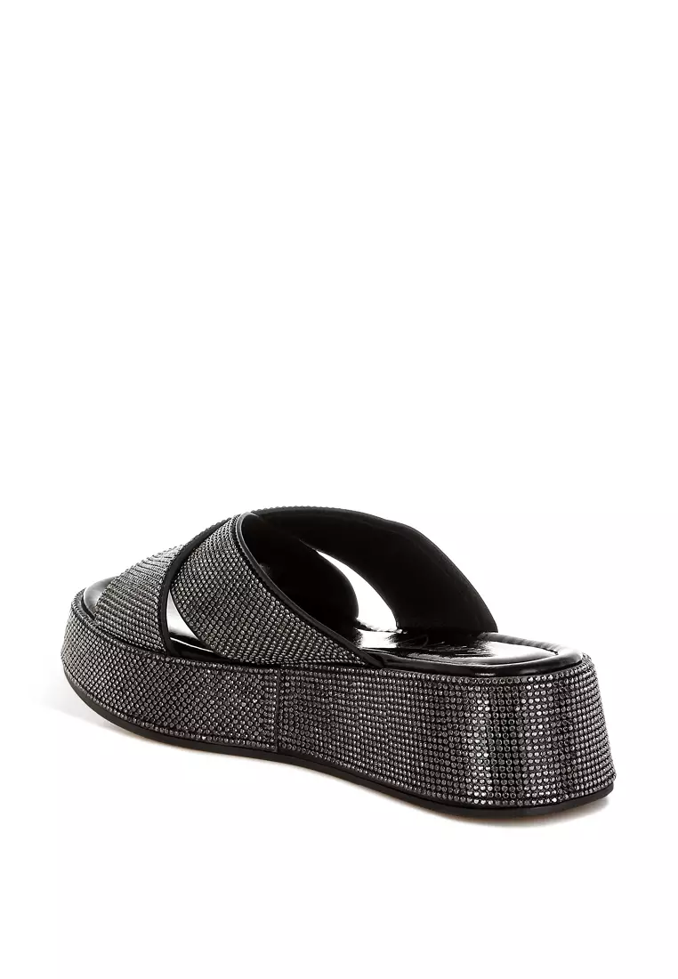 Rhinestone Embellished Flatforms In Black