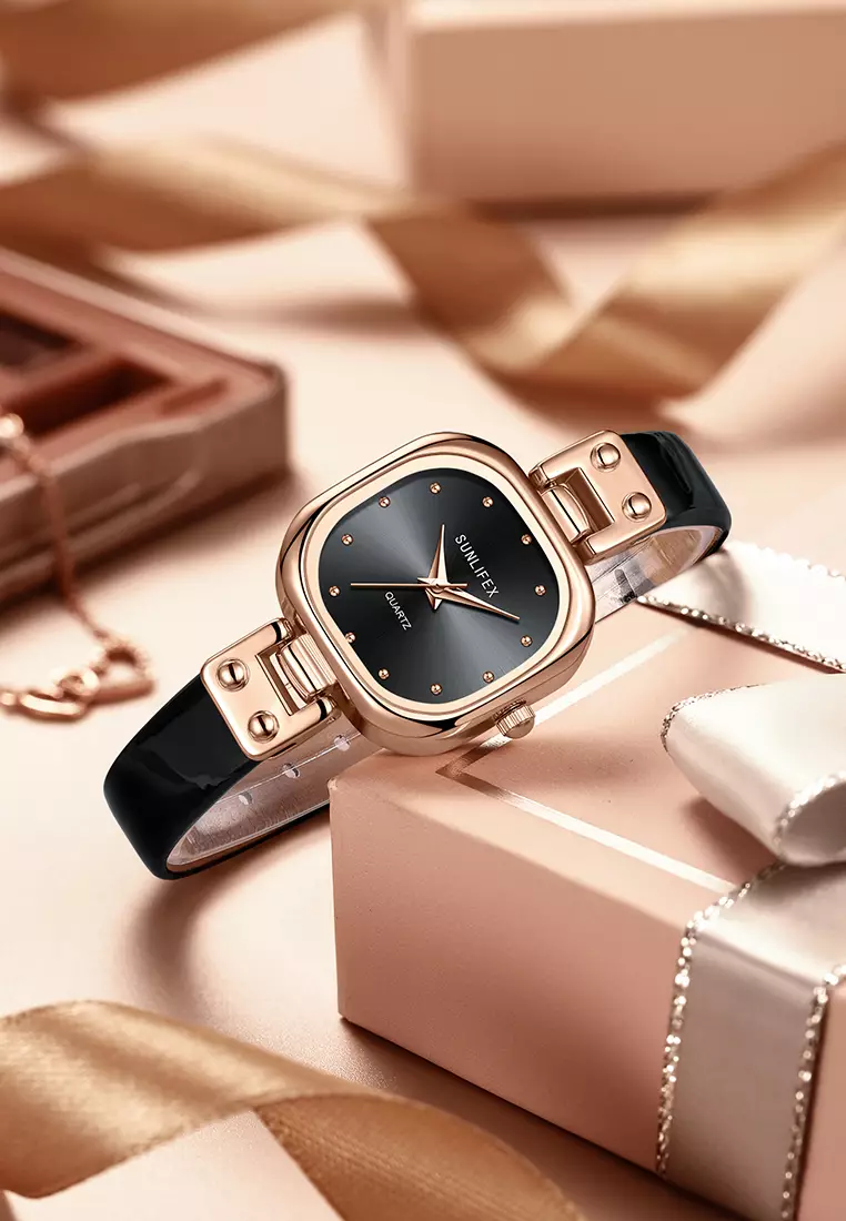 Jam Tangan Wanita Original Gaya Korea Tali Kulit Simple Anti Air Jam Tangan Cewek allblack