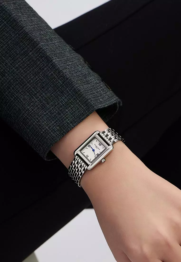 Retro 女士长方形手表22*29mm 簡約经典 不銹鋼表帶長度可調 藍色指針 生活防水-銀色