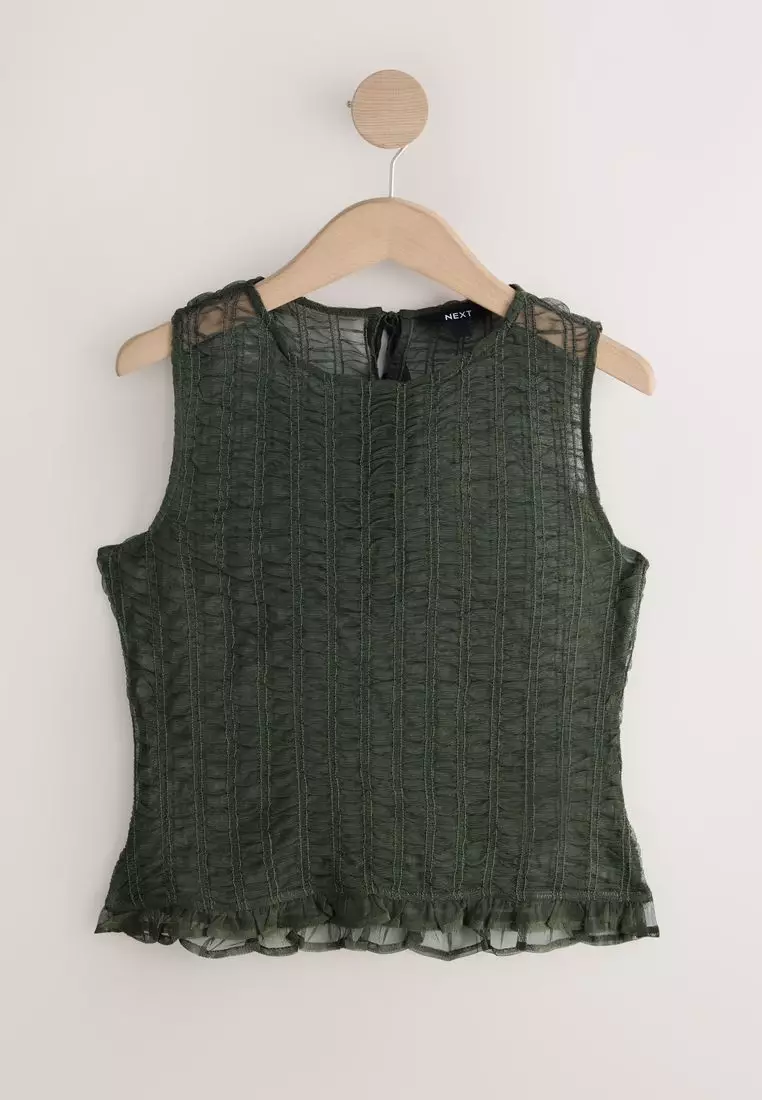 Shirred Mesh Sleeveless Crew Neck Top