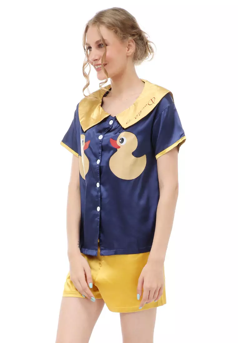 Vance Setelan Baju Tidur Wanita Lengan Pendek Motif Bebek Material Satin ORIGINAL - Navy
