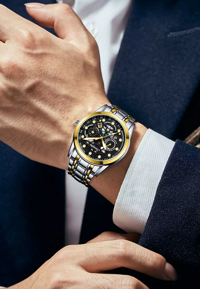 Jam Tangan Pria Anti Air Kuarsa Original Tali Stainless Steel Bisnis Santai Jam Tangan Cowok gold black