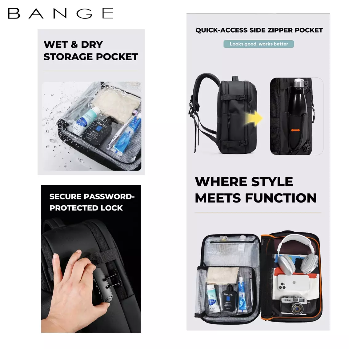 BANGE BG7875 Tas Ransel pria Laptop Kerja Pria Travel Backpack Lock TSA Waterproof-Black