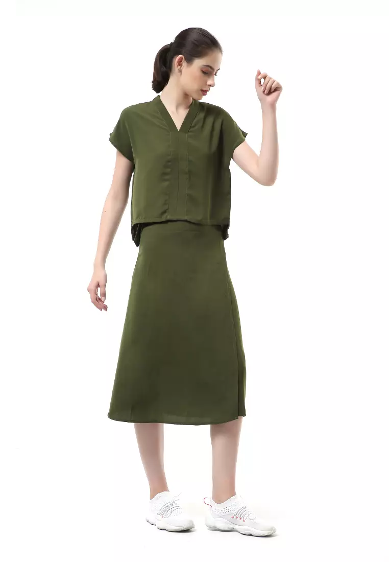 Nayra Setelan Baju & Rok Wanita One Set Adjustable Short Sleeve Material Dolce ORIGINAL - Army
