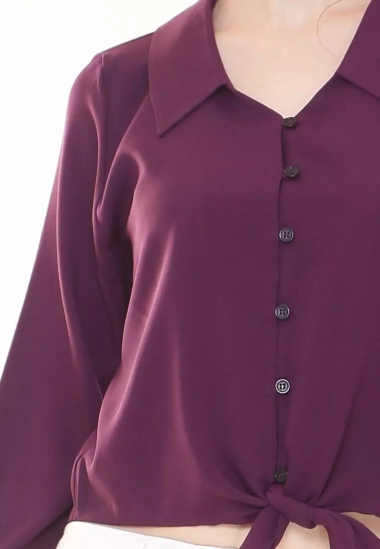 Evelyn Top Button Ribbon Tied up in Dark Purple