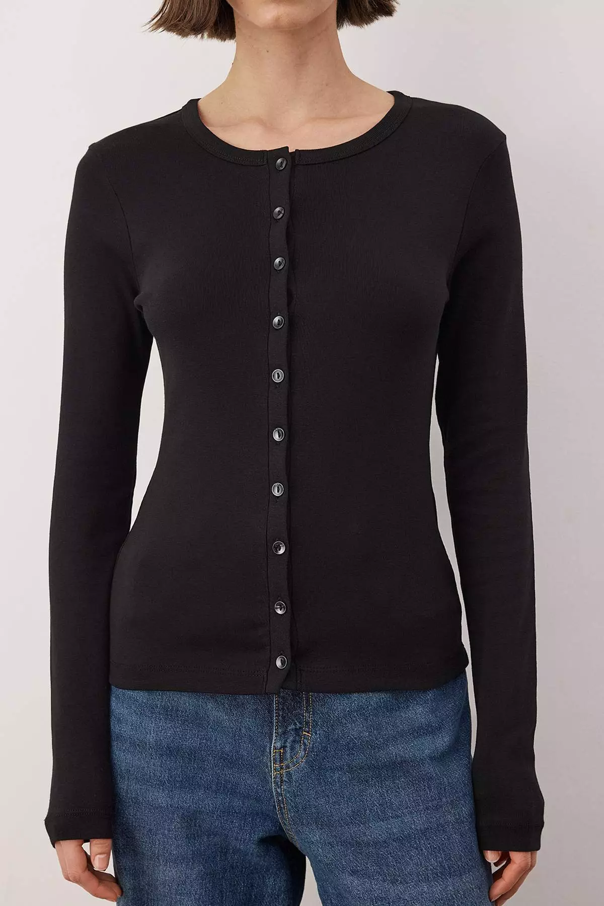 Black Buttoned Bodycon Stretch Knit Blouse Twoaw26Bz7