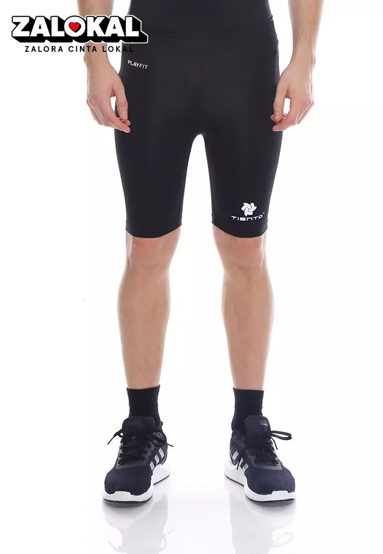 Tiento Man Short Pants Black White Celana Legging Pria Olahraga Renang Sepakbola Lari