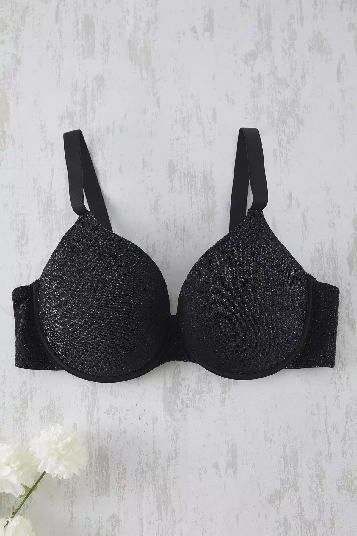 Black Thick Strap Covered Glittery Non-Padded Plus Size Bra