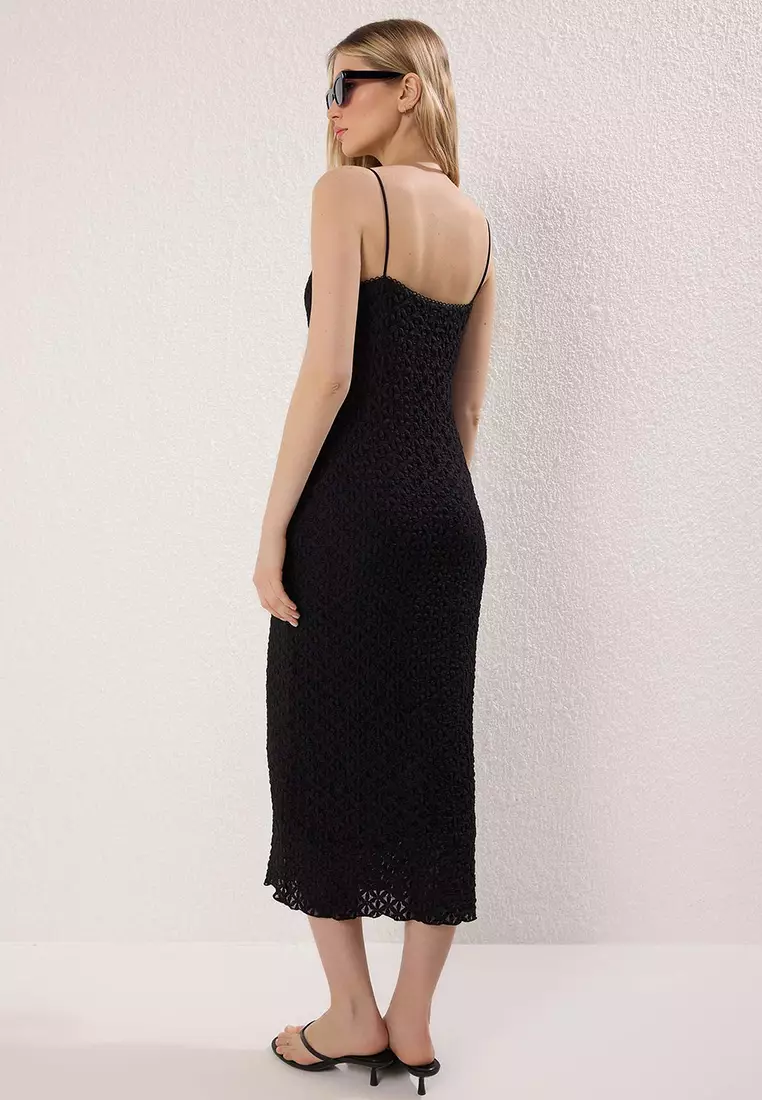 Black Lace Bodycone/Fitted Straps Midi Knitted Dress Twoss25El00533