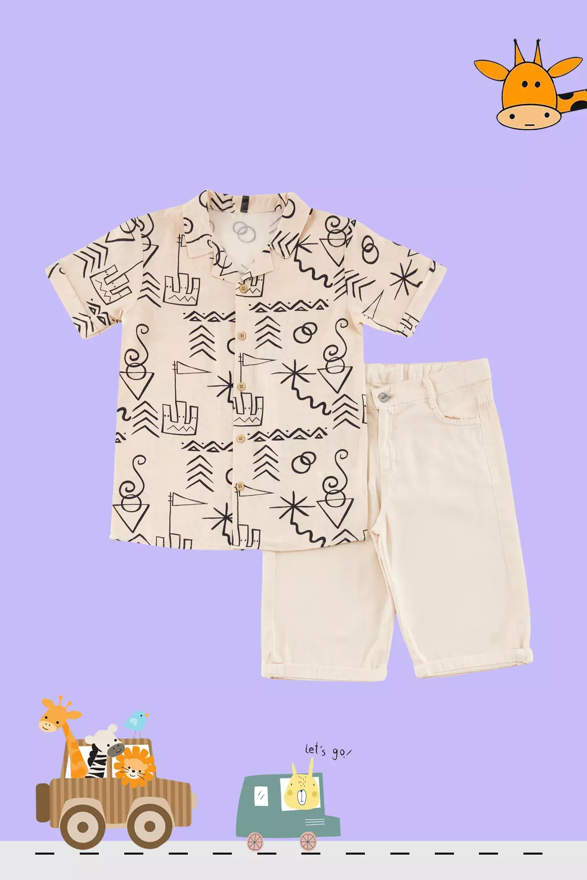 Boy Beige Print Cotton Shirt-Jean Set Tkdss24Au00002