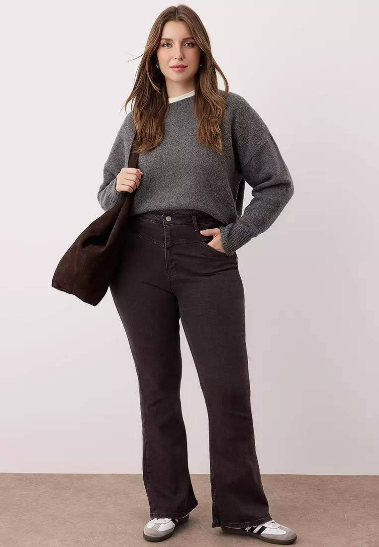 Brown High Waist Comfort Stitch Detailed Flare Fit Jeans