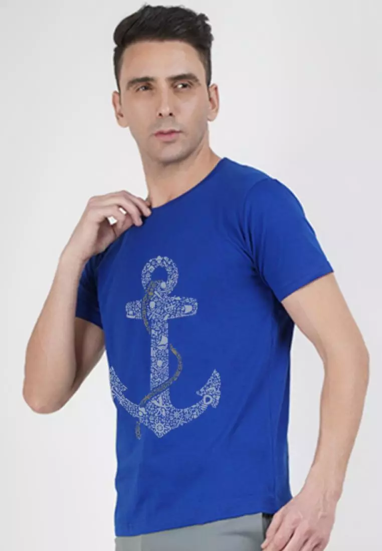 Anchor Print Graphic Blue Relaxed Fit Short Sleeve Cotton Tee/Tshirt
