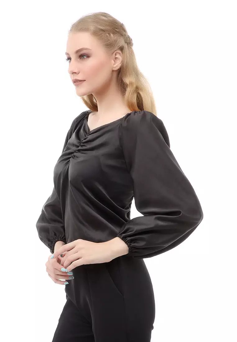 Cheva Blouse Casual Wanita Sabrina Kerut Dada Lengan Panjang Material Satin ORIGINAL - Black