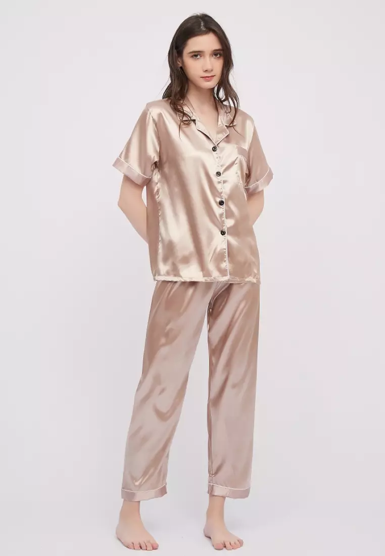 Buy Shapes and Curves Basic Silk Pajama Short Sleeves Set Lounge Wear  Sleepwear 2024 Online