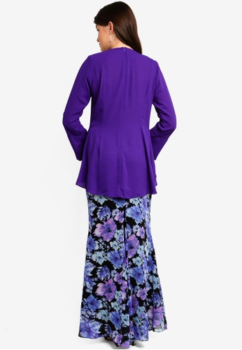 Buy Midi Kurung Chiffon Peplum Kebaya Pleated w Layered Ruffle from Zuco Fashion in Purple at Zalora