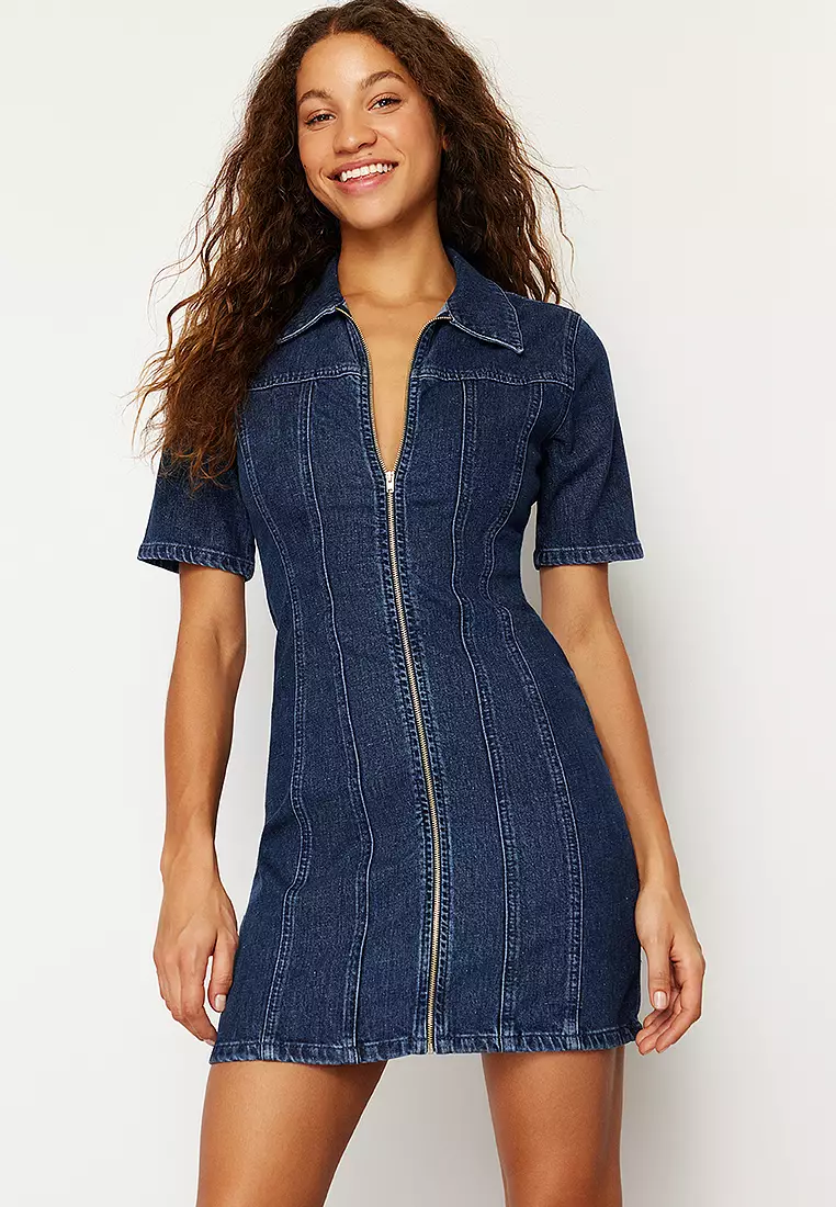 Dark Blue Zippered Fitted Mini Denim Dress