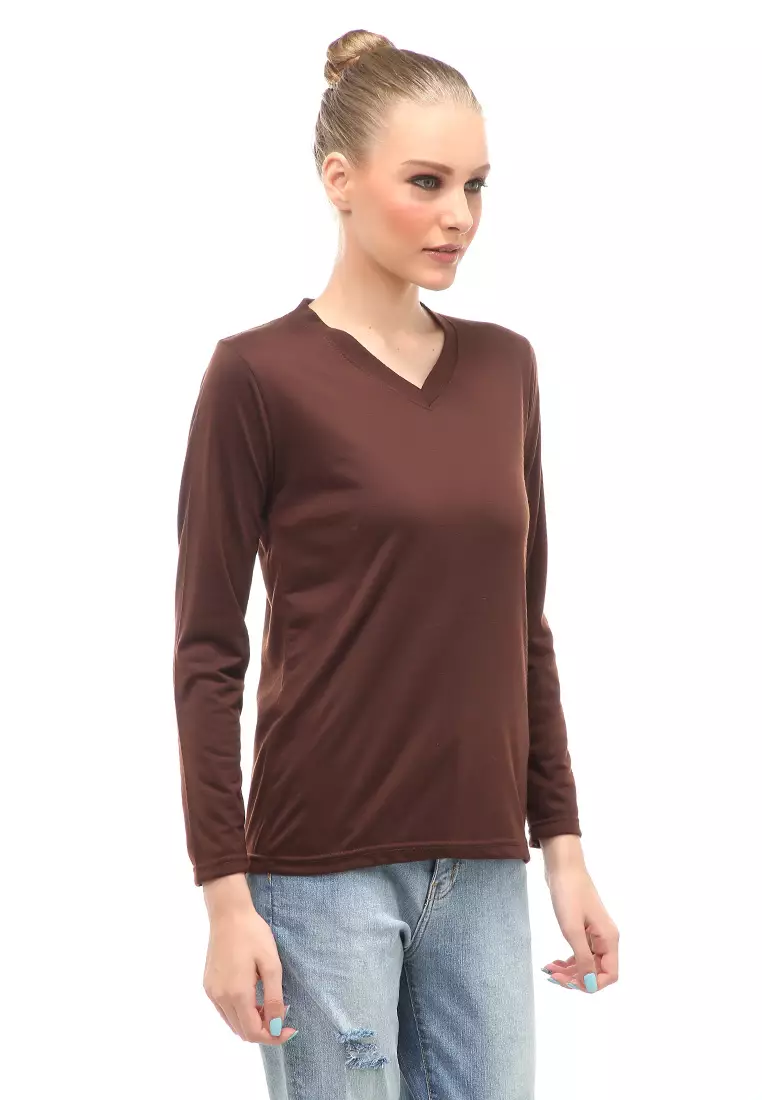 Kaos Polos Atasan Wanita V-Neck Lengan Panjang Design Simple Relaxed Fit - Coklat