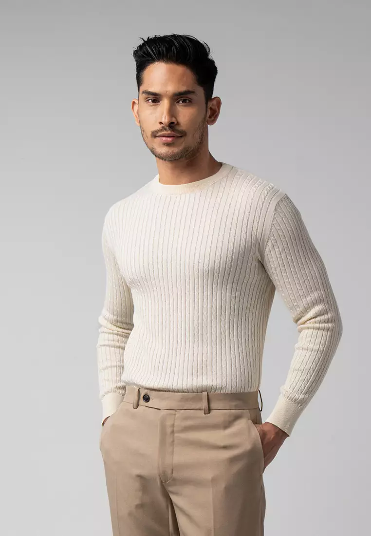 Mens Cable Knit Cotton Sweater Off White LS
