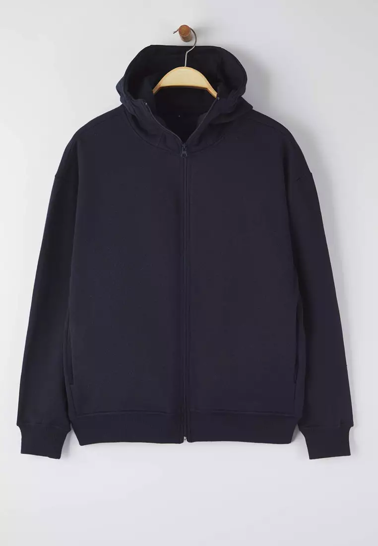 Navy Blue Oversize/Wide Cut Zippered Warm Hooded Sweatshirt-Cardigan
