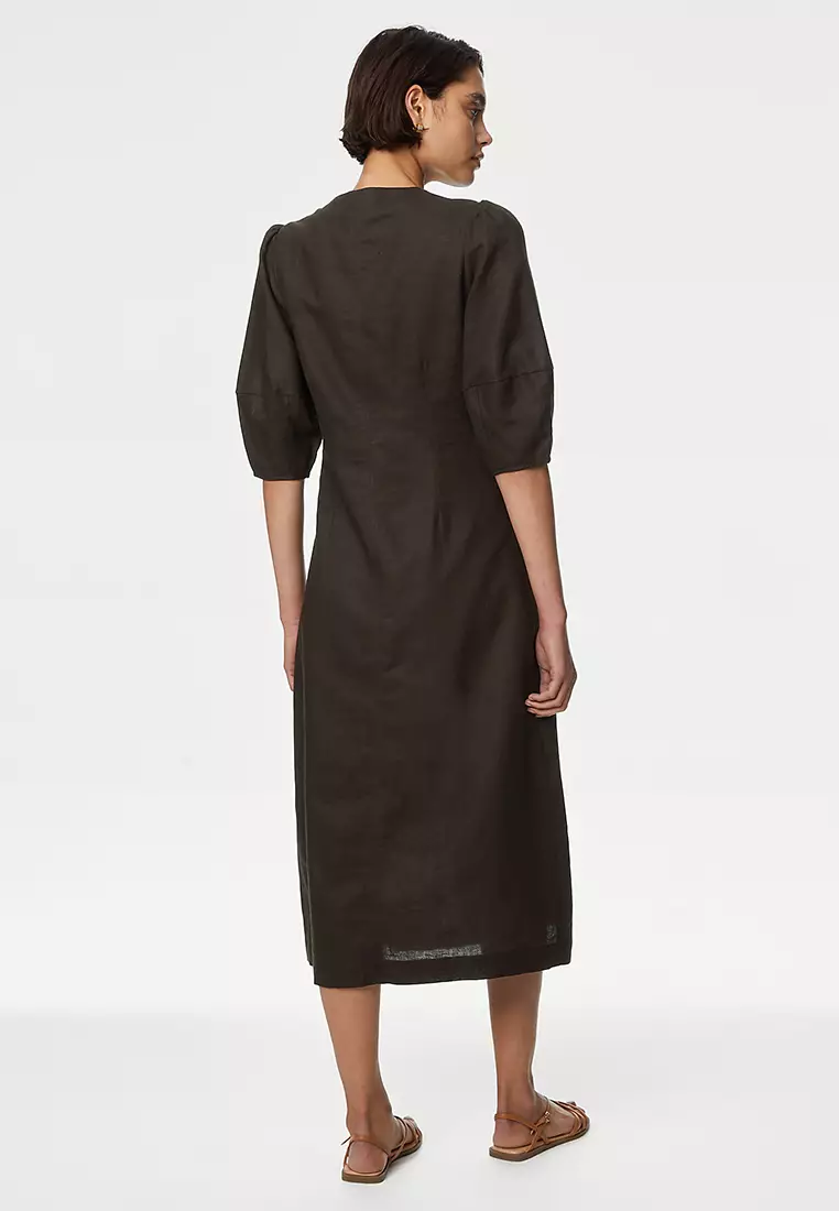 Linen Rich V-Neck Midi Tea Dress