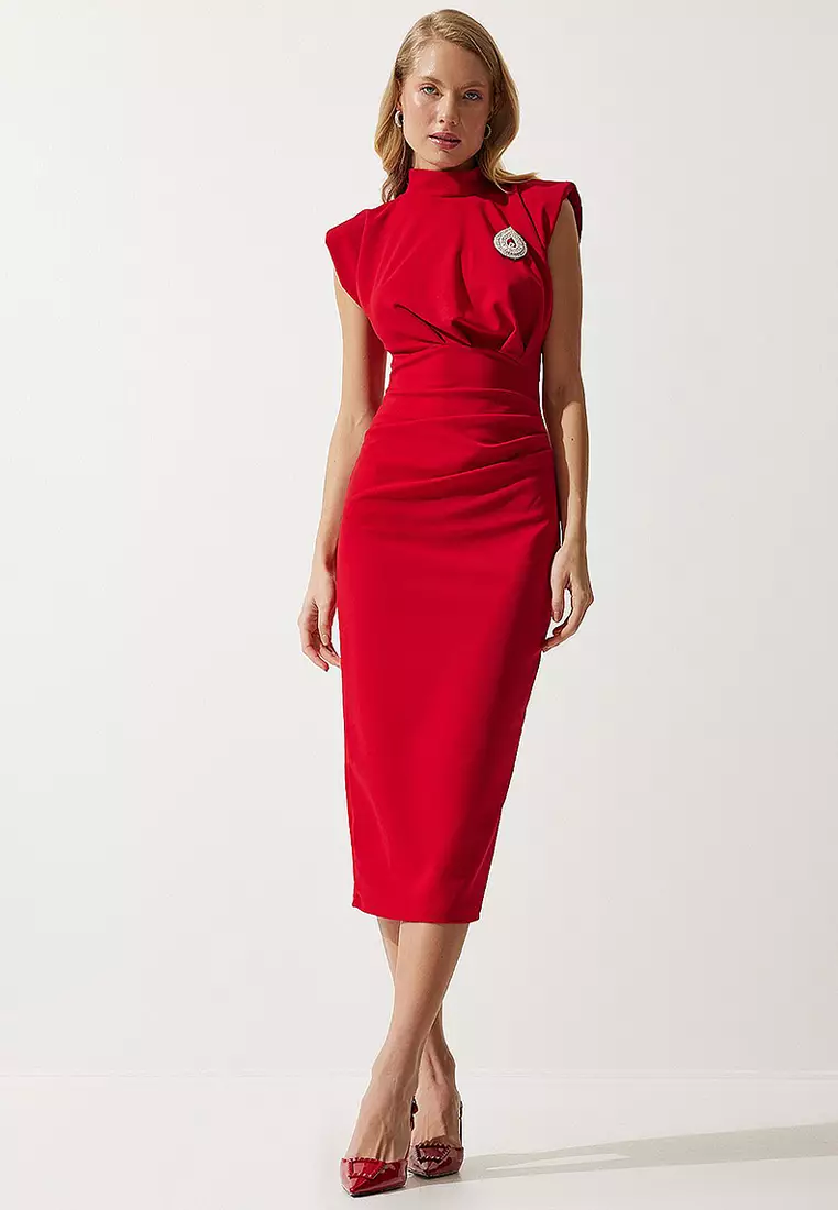 Elegant Brooch Gathered Wrap Knitted Dress