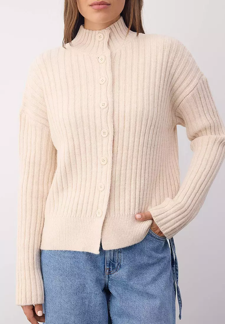 Wardrobe Essentials Stone Stand Collar Wide Fit Ribbed Soft Textured Knit Cardigan | Twoaw26Hi00091