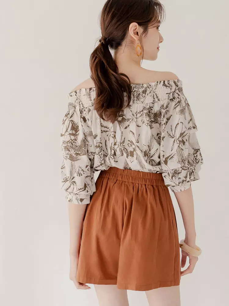 Cotton Solid Color Elastic Waist Pleated Shorts [BA7475]