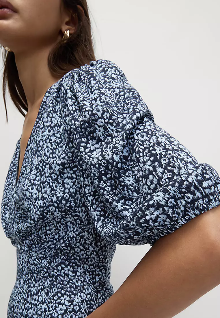 Printed V-Neck Puff Sleeve Midi Tea Dress