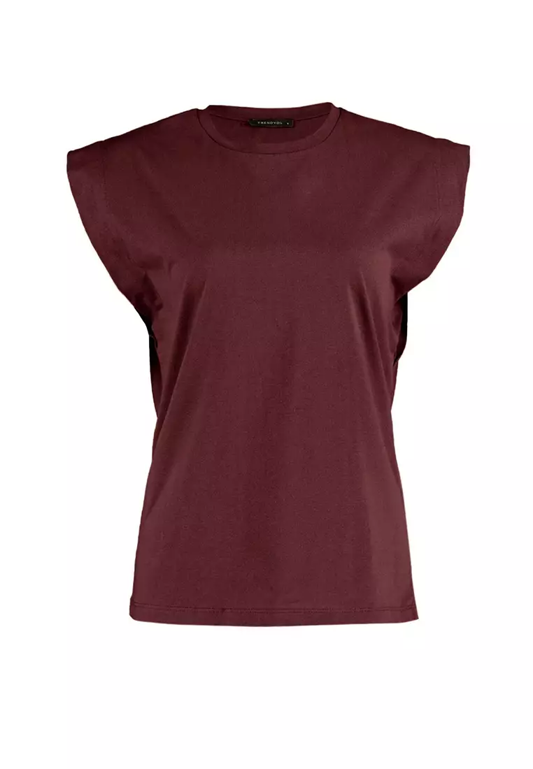 Claret Red 100% Cotton Padded Look Basic Crew Neck Knitted T-Shirt TWOSS20TS0021