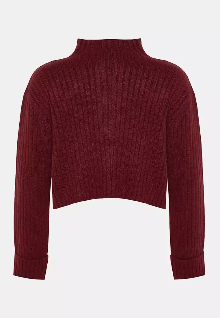 Claret Red Crop Soft Textured Stand Collar Knitwear Cardigan Twoaw22Hi174