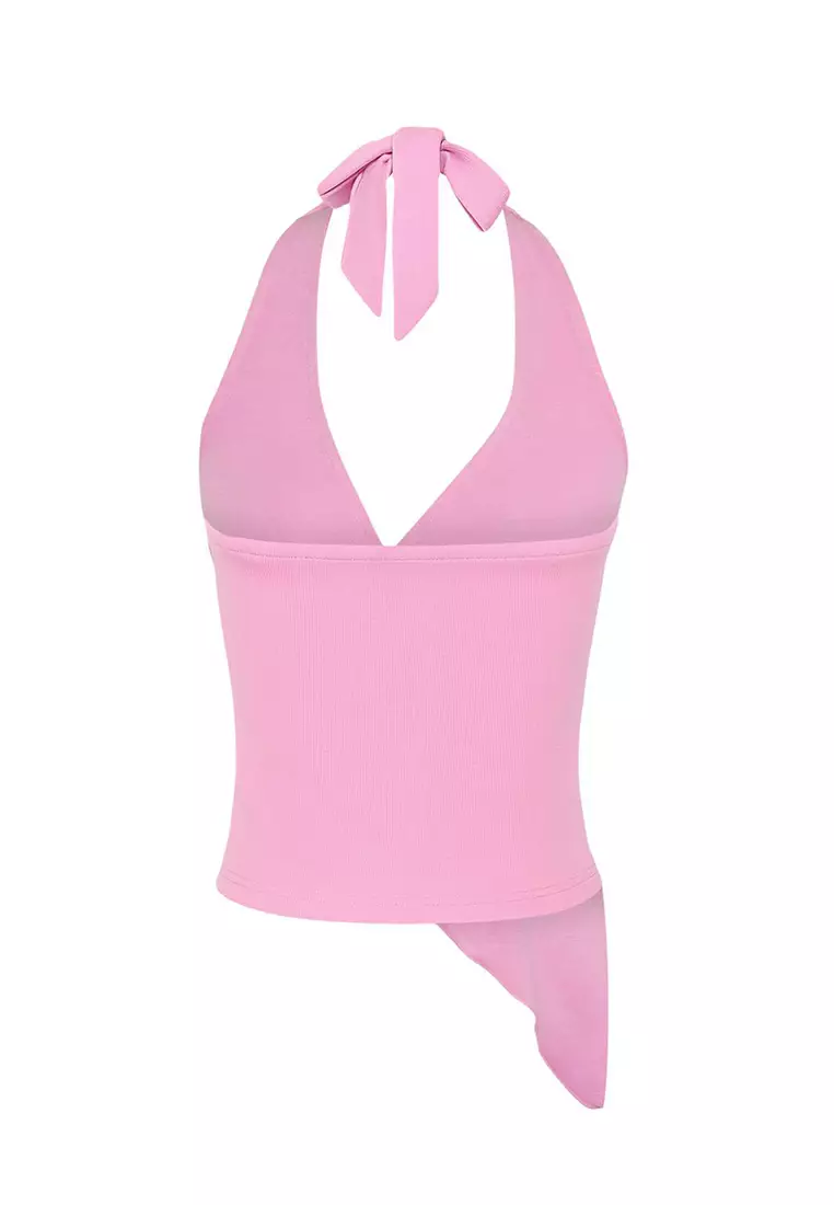 Light Pink Straight Halter Neck Sleeveless Knitted Viscose Single Jersey Party Blouse Tprss25Bz00048
